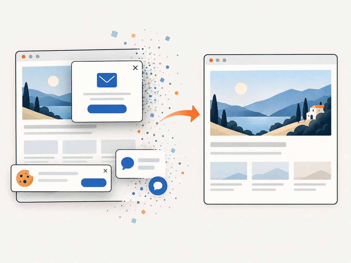 Automated web capture can remove obstructive overlays before rendering the page.