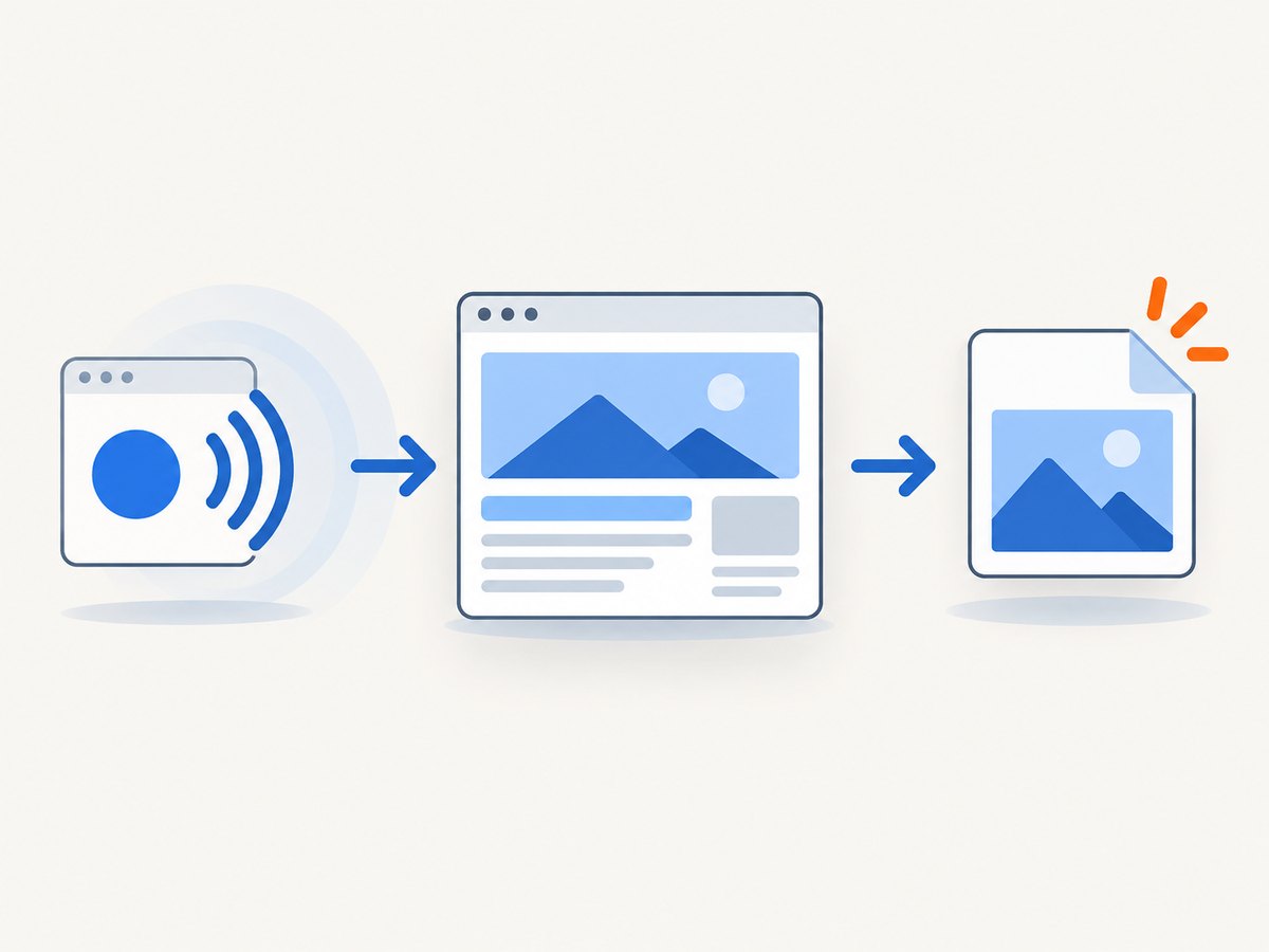 A screenshot workflow turns a page request into a rendered image.