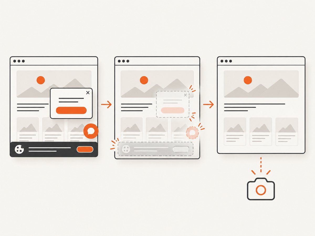 Automated web capture can remove common overlays before rendering the final image.
