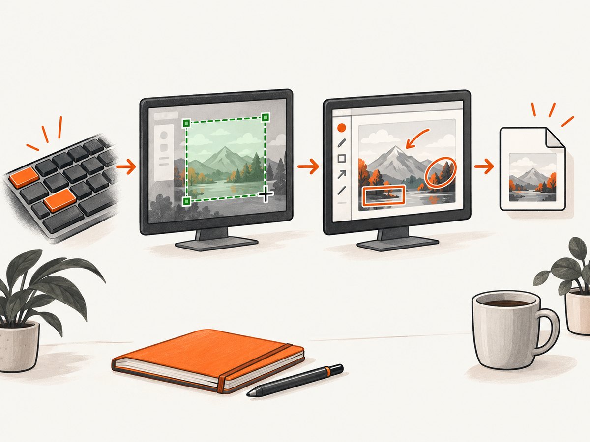 A Greenshot capture moves from a shortcut to selection, annotation, and export.