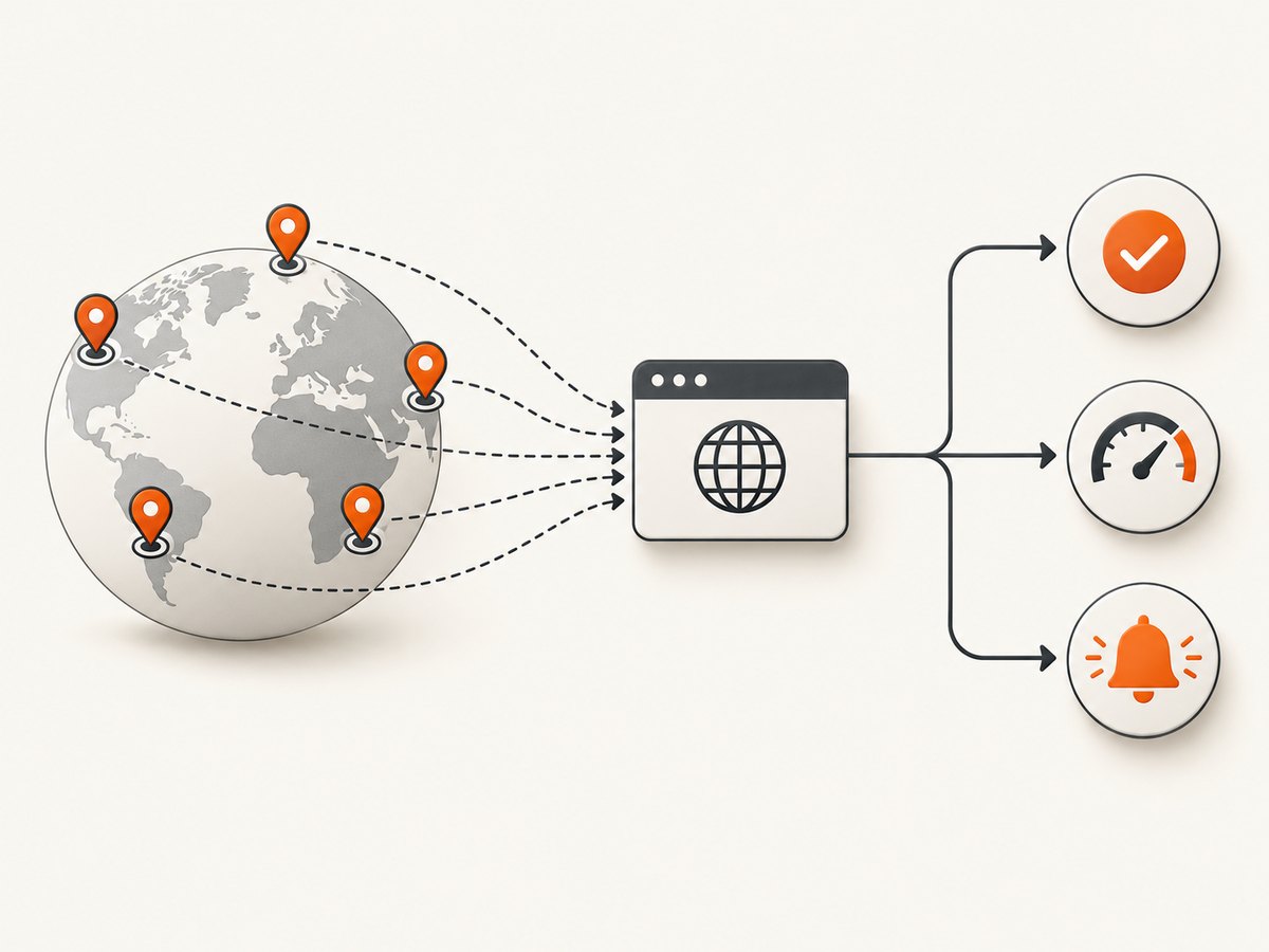 Monitoring probes request, validate, and report on a site from several locations.