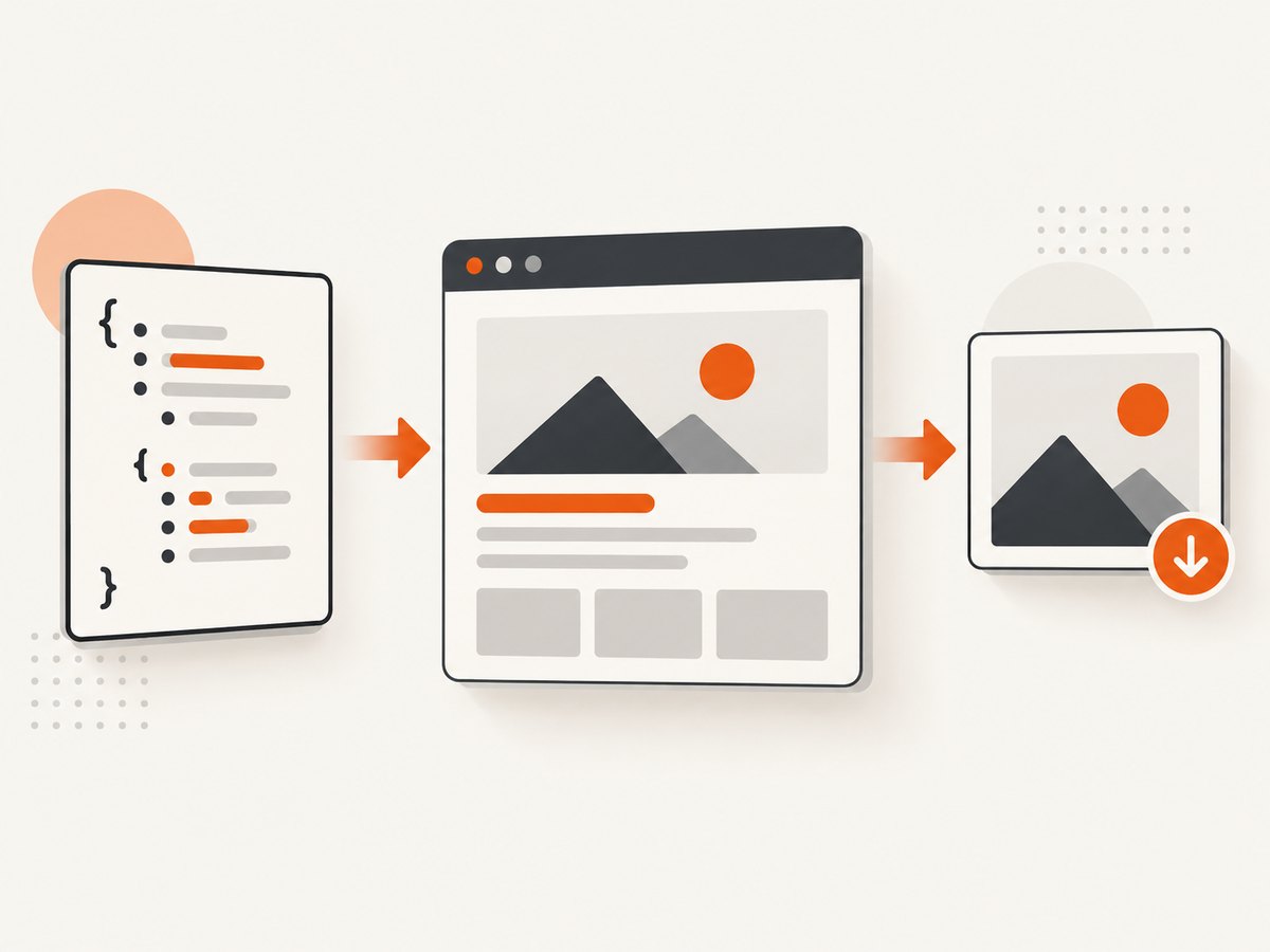 A versioned template schema feeds a fixed-size browser render and image export.