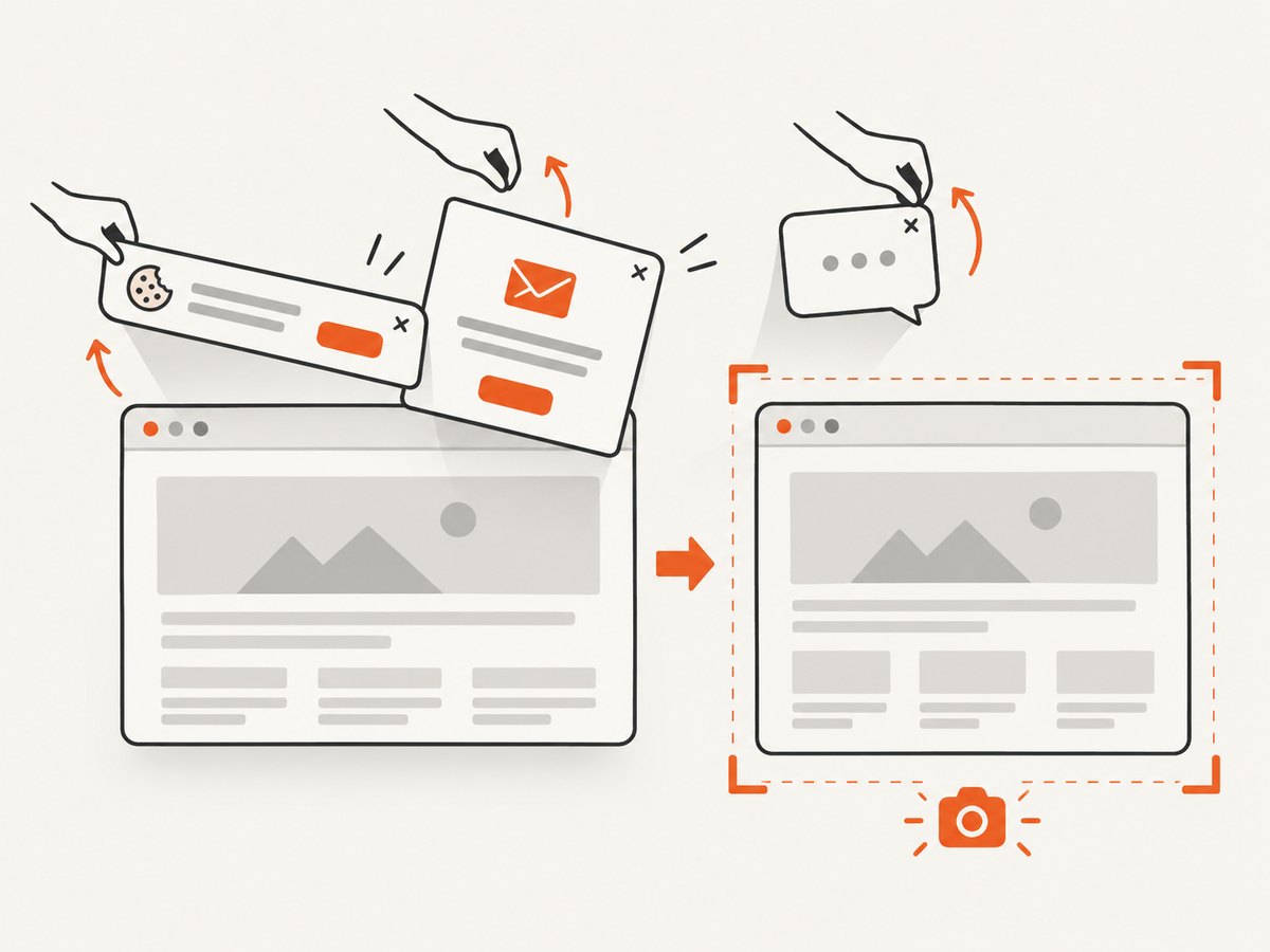 ScreenshotNeo removes common overlays before capture so the resulting image shows the page content.