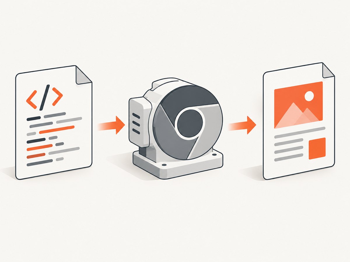An HTML string passes through a browser renderer before becoming a PDF.
