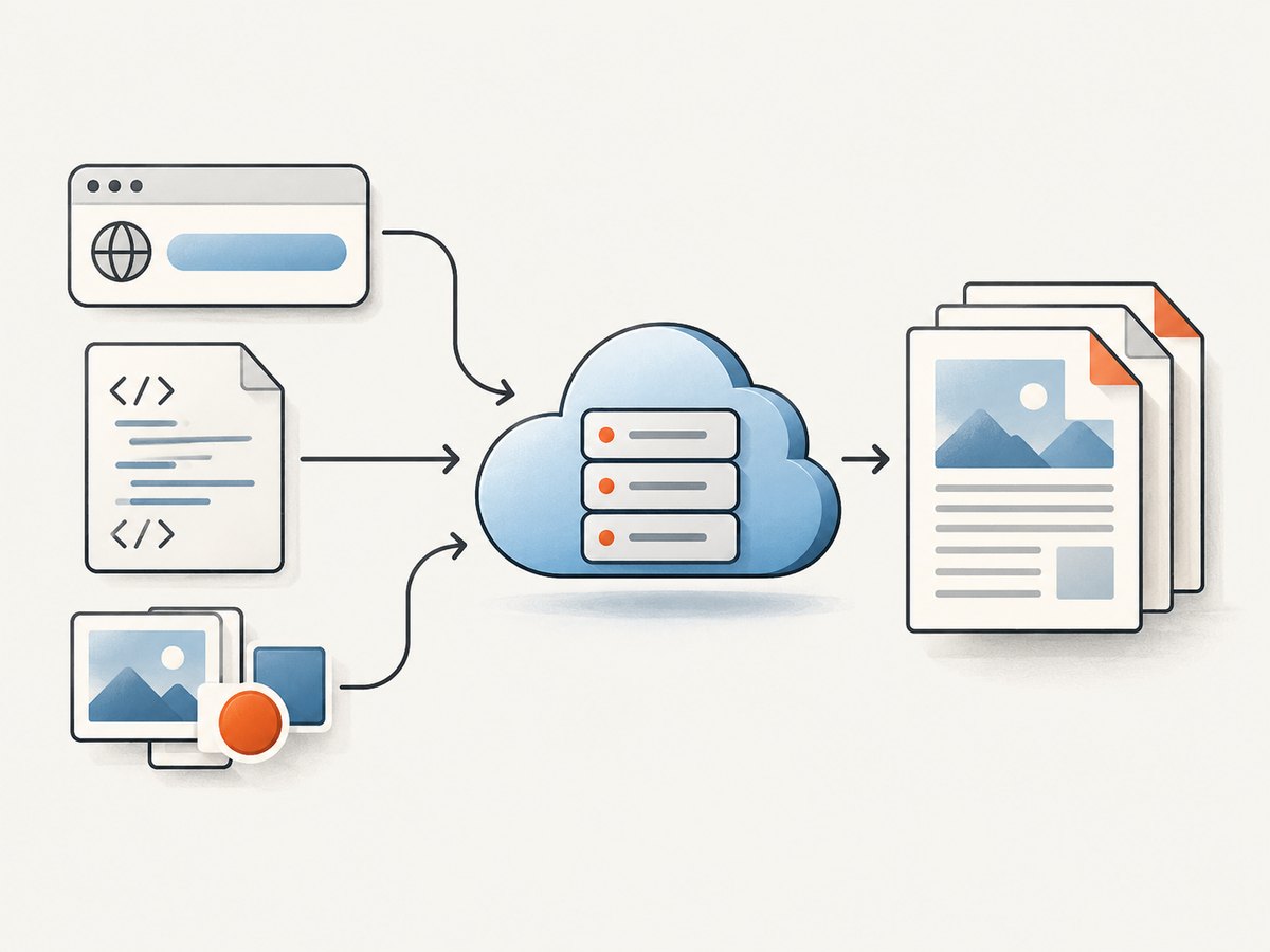 A converter accepts different inputs, resolves their assets, renders pages, and returns PDF data or a retrieval handle.