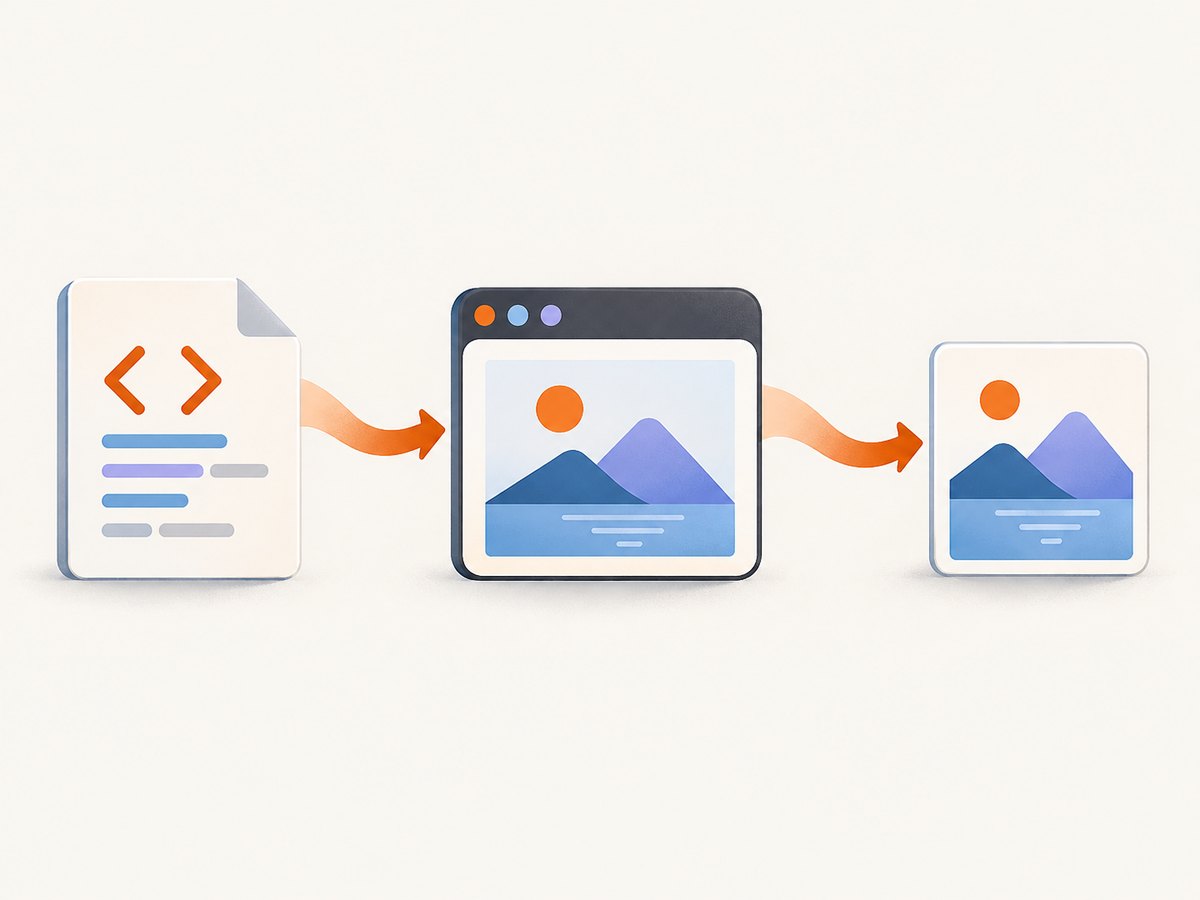 The favicon pipeline: render HTML, export PNG, publish the image, and reference it from the document head.