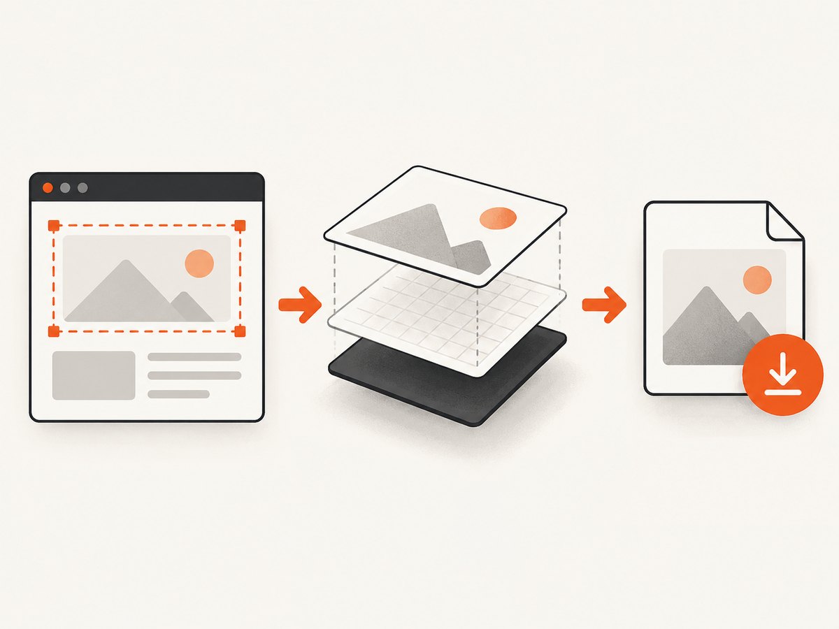 The browser selects an element, reconstructs it on a canvas, and exports the result.