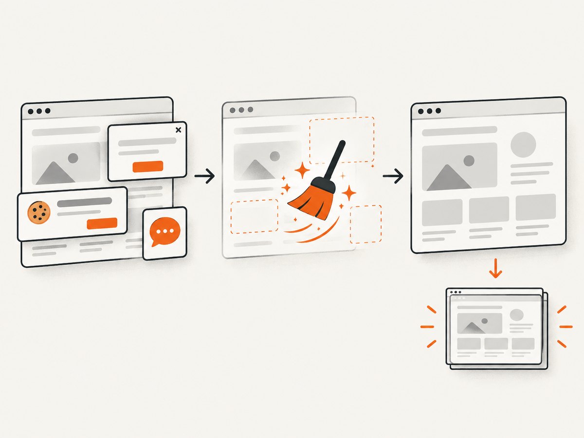 ScreenshotNeo removes common overlays before capturing a page image.