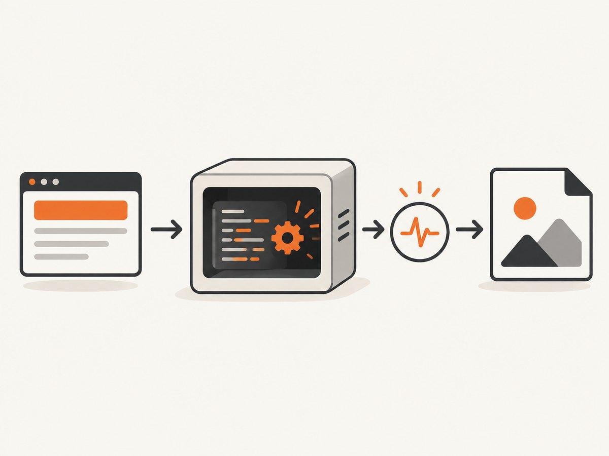 The capture sequence: load the page, finish JavaScript work, signal readiness, then write the image.