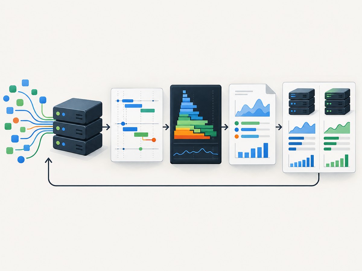 A measurement-first loop connects the workload, the right diagnostic, one change and a controlled comparison.