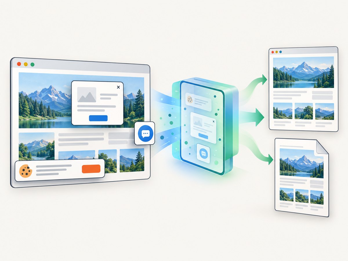 Automated capture can remove consent banners, popups and chat widgets before visual checks.