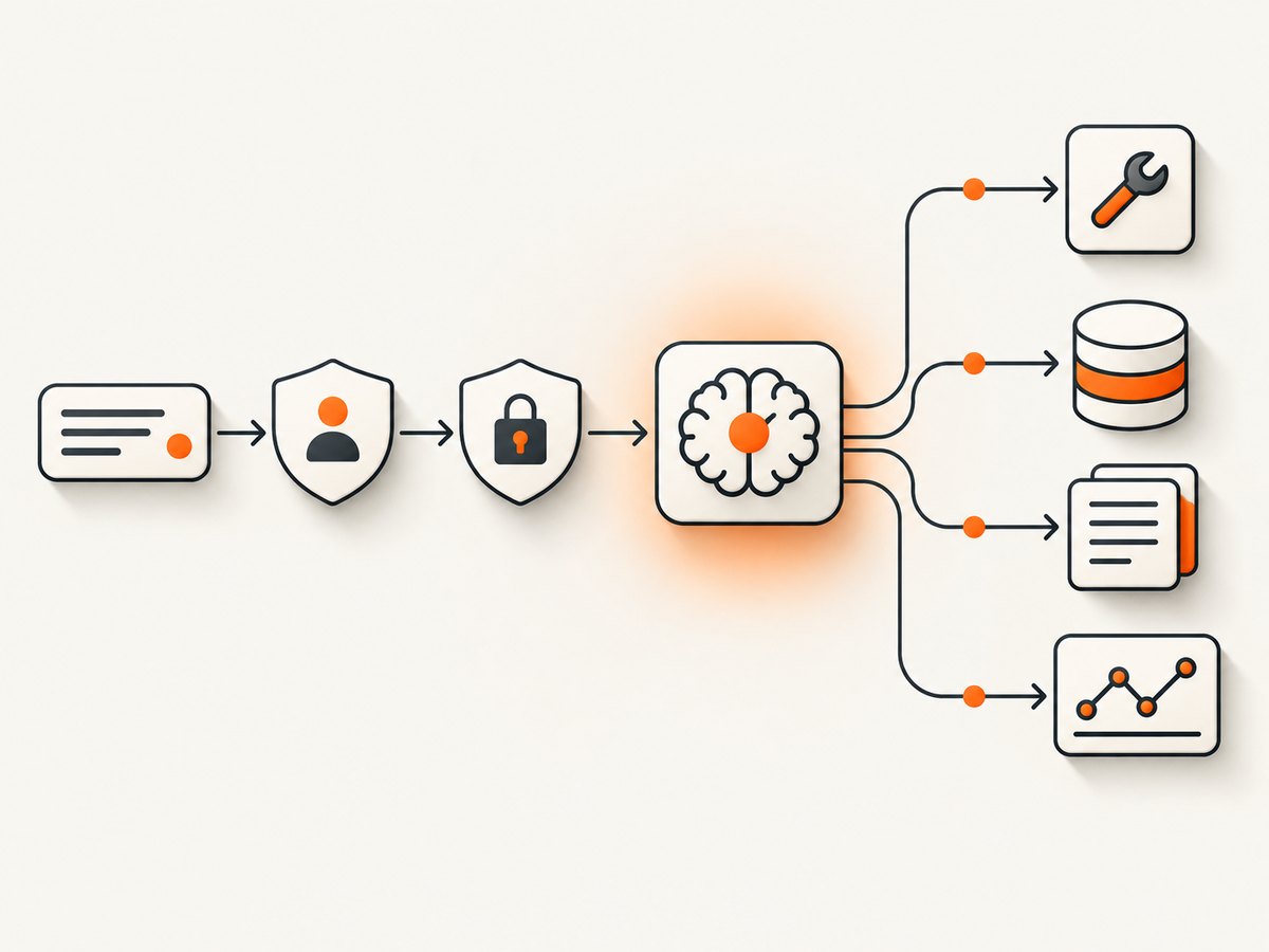 A production agent connects runtime, models, tools, knowledge, memory, and cross-cutting controls.