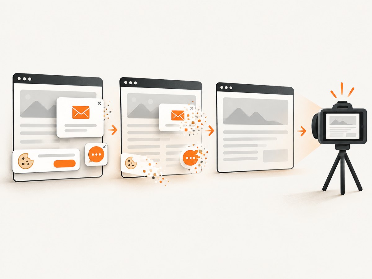 ScreenshotNeo removes common consent banners, popups, and chat widgets before capture.