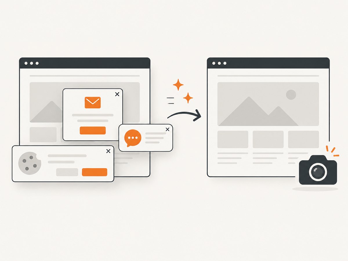 A screenshot capture can remove common overlays before returning the page image.