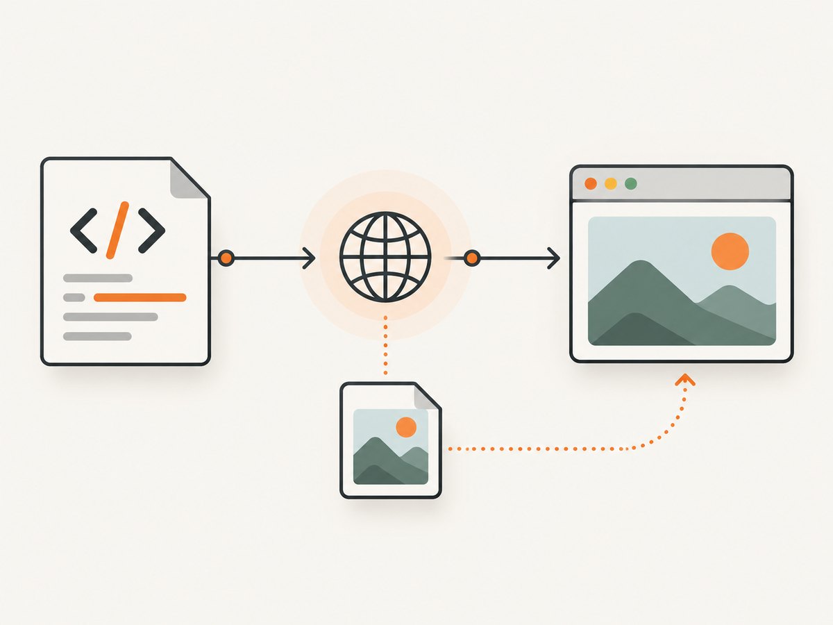 The browser resolves the image URL separately from the HTML document and then renders the resource.