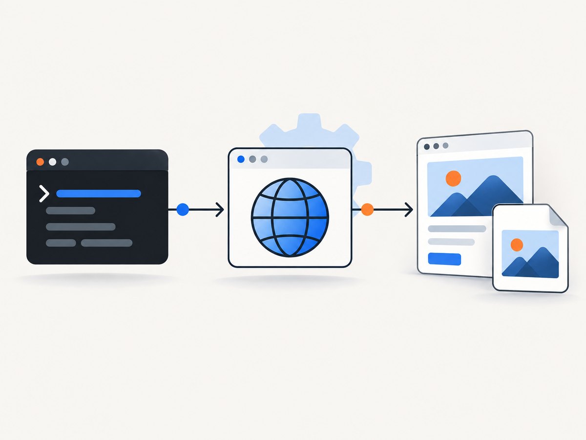 The install step supplies a browser binary; Puppeteer launches it, loads a page, and saves the capture.