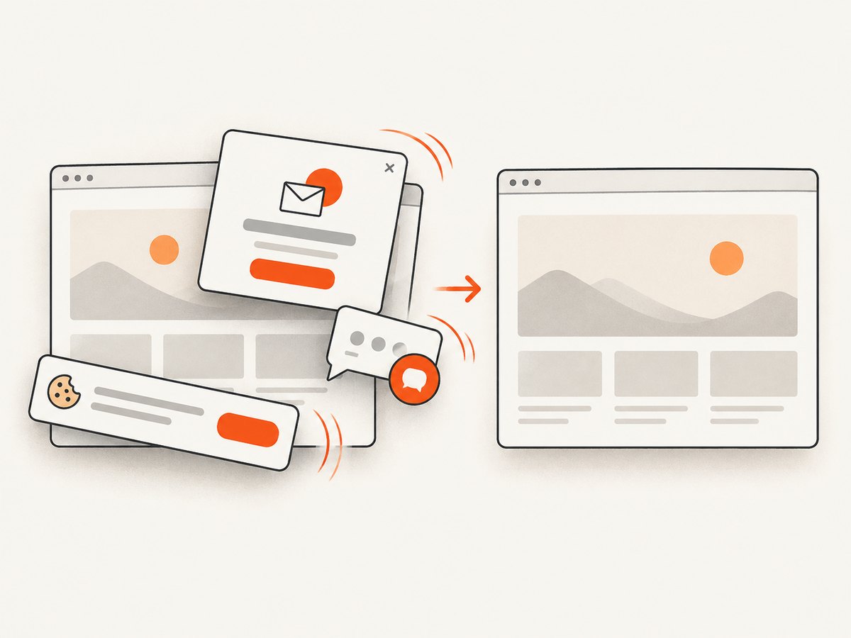 A clean capture service can remove consent banners, popups, and chat widgets before rendering.