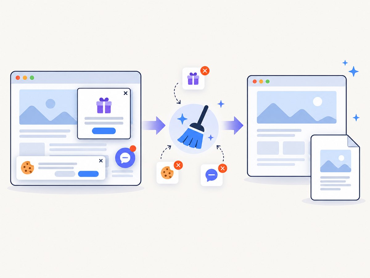 A screenshot service can clean common overlays before returning an image or PDF.