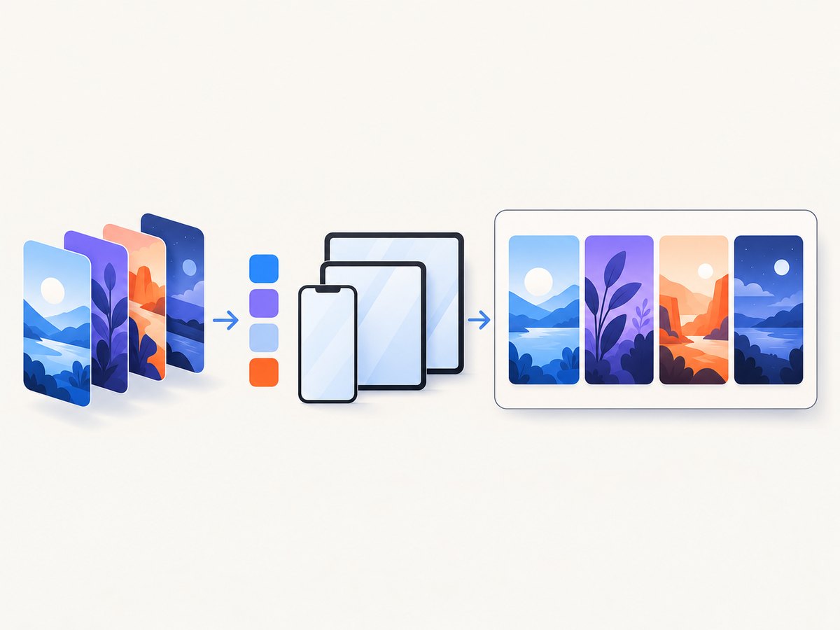 A repeatable pipeline turns source screens into localized, device-specific App Store assets.