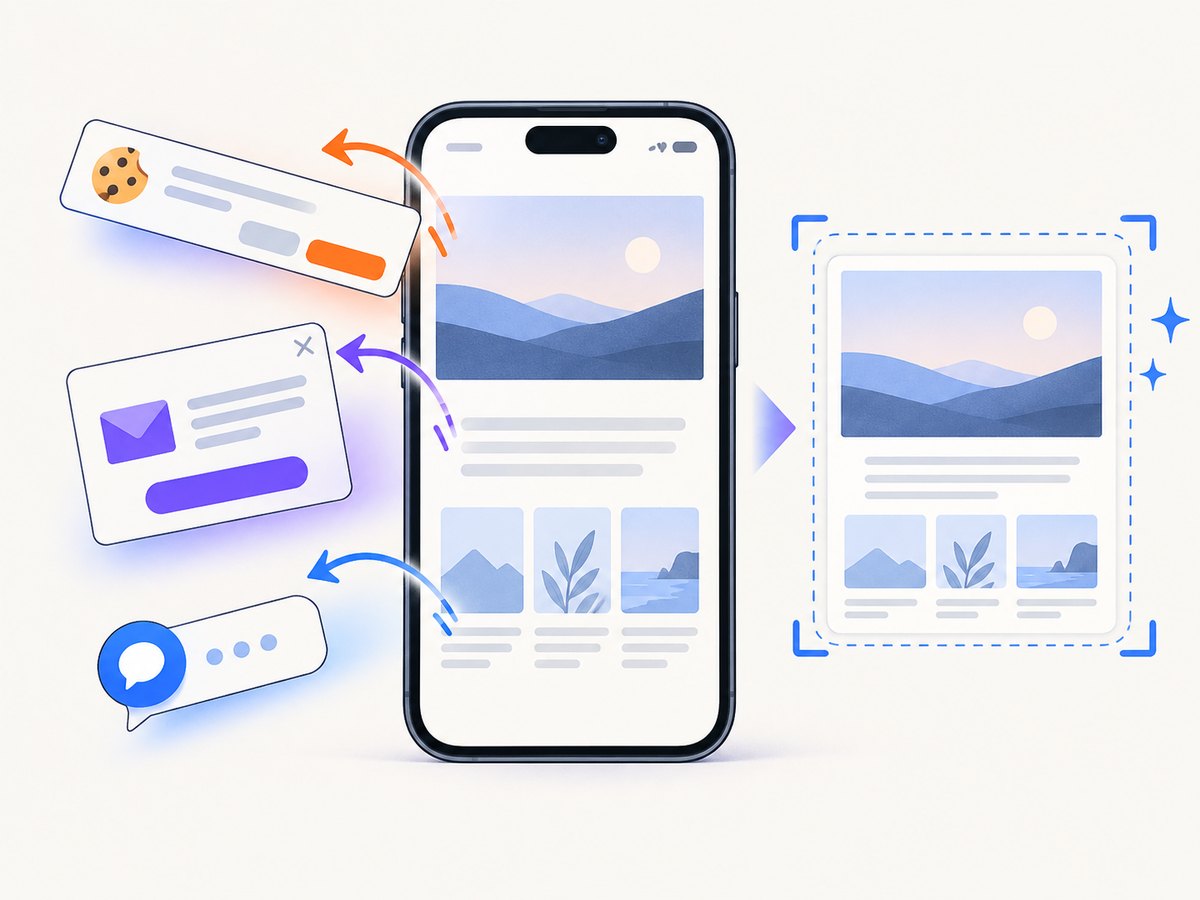 Removing transient web overlays keeps captured pages useful for visual review.