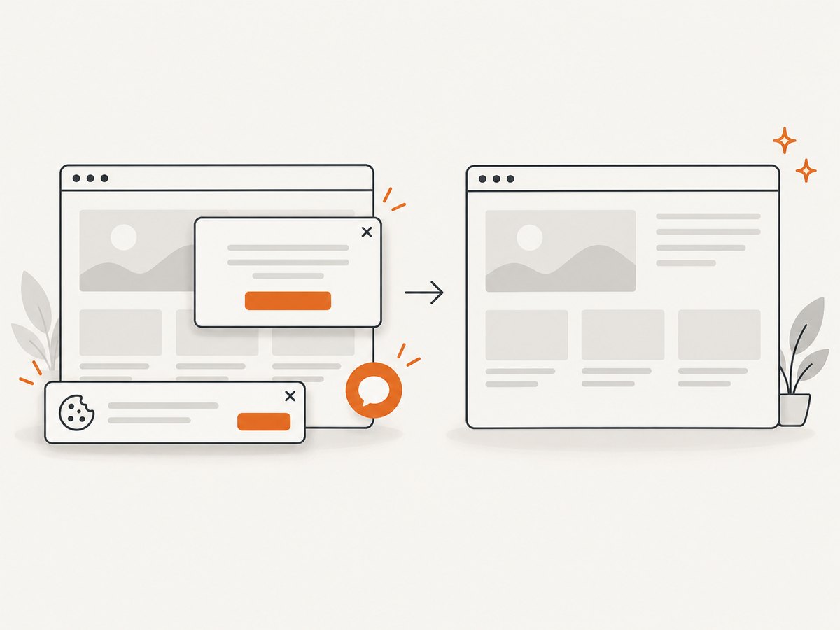 Automated capture can remove consent banners, popups, and chat widgets before rendering the final image.