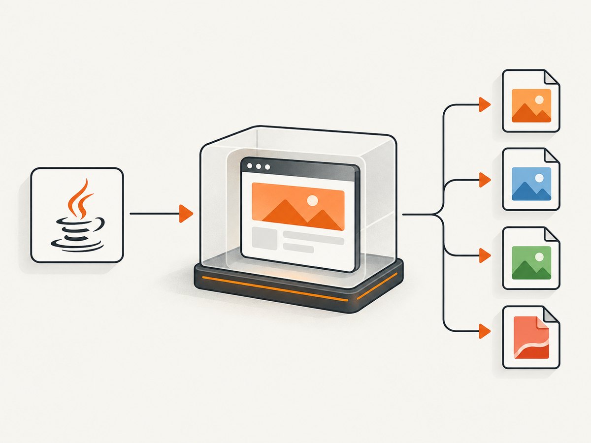A Java HTTP request sends capture options to a hosted renderer and receives an image or PDF.