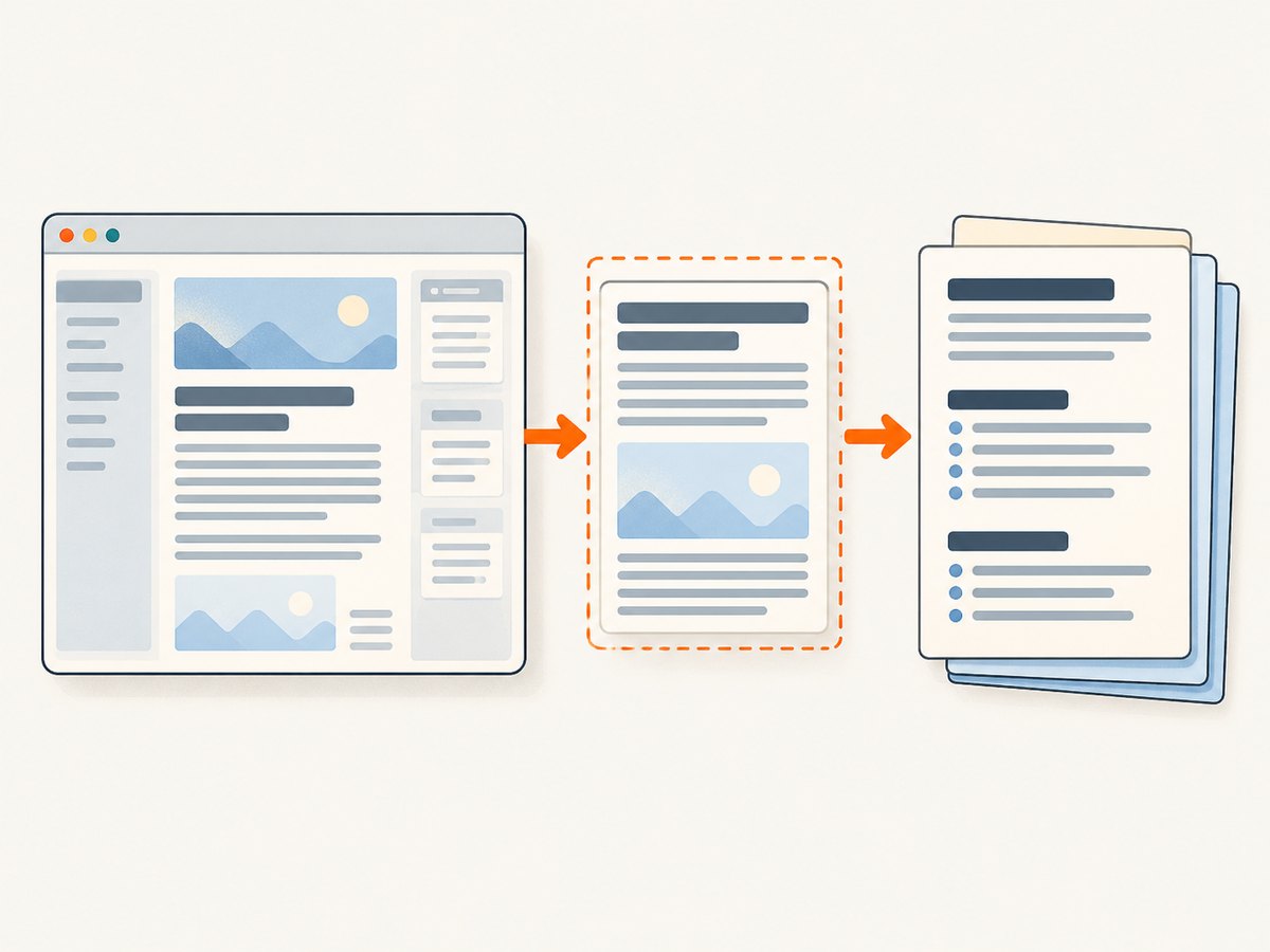Render the page first when needed, extract its main content, and then convert that HTML to Markdown.