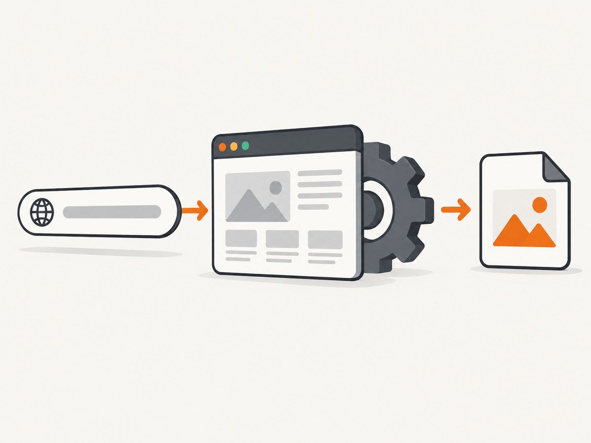 A JavaScript capture workflow navigates to a URL, waits for page content, and saves the rendered pixels.