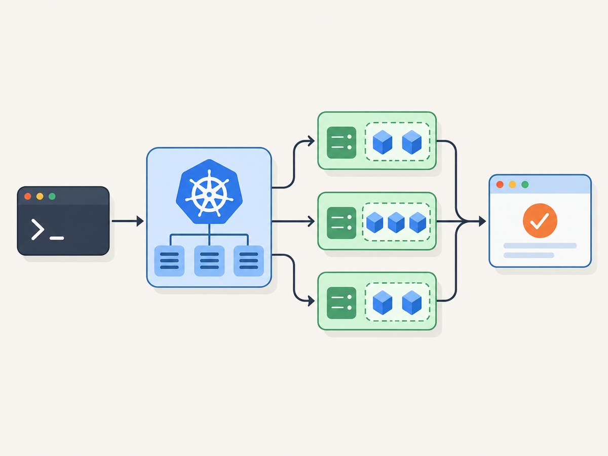 A Kubernetes API request becomes scheduled Pods on worker nodes and a stable Service endpoint.