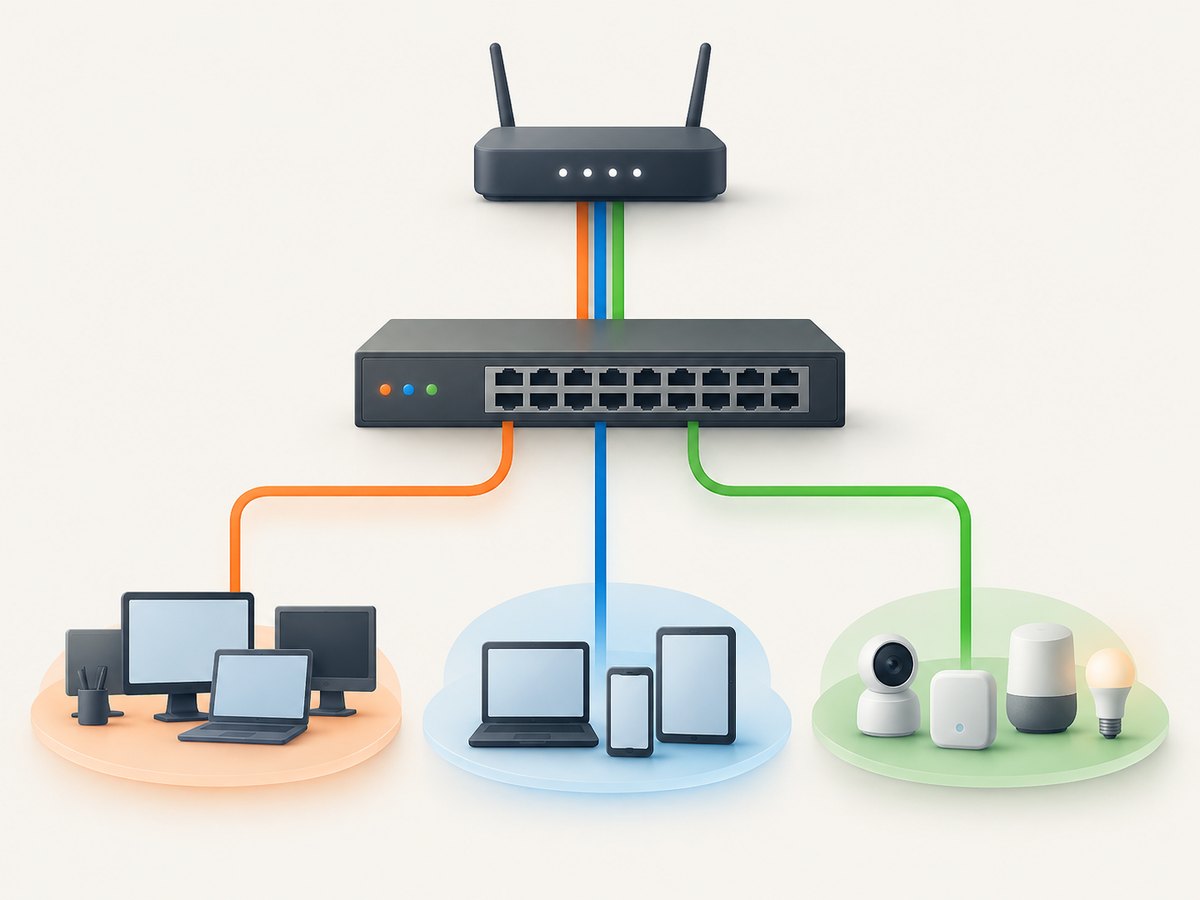 A VLAN separates logical groups while sharing physical switching infrastructure.