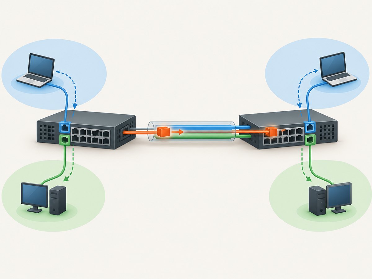 Access ports assign endpoints to a VLAN, while 802.1Q trunks carry multiple VLANs.