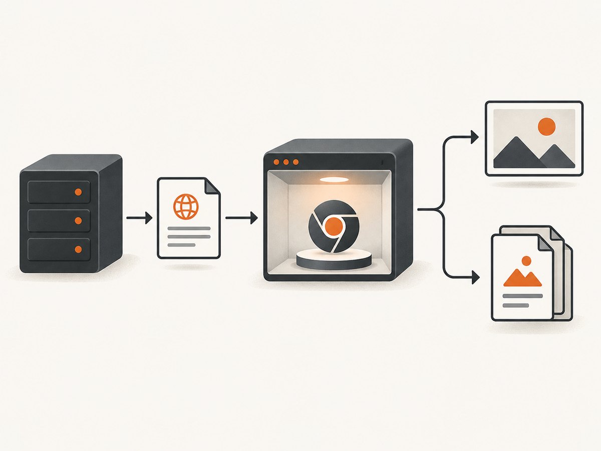 Browsershot sends URL or HTML input through Puppeteer and headless Chrome to produce an image or PDF.