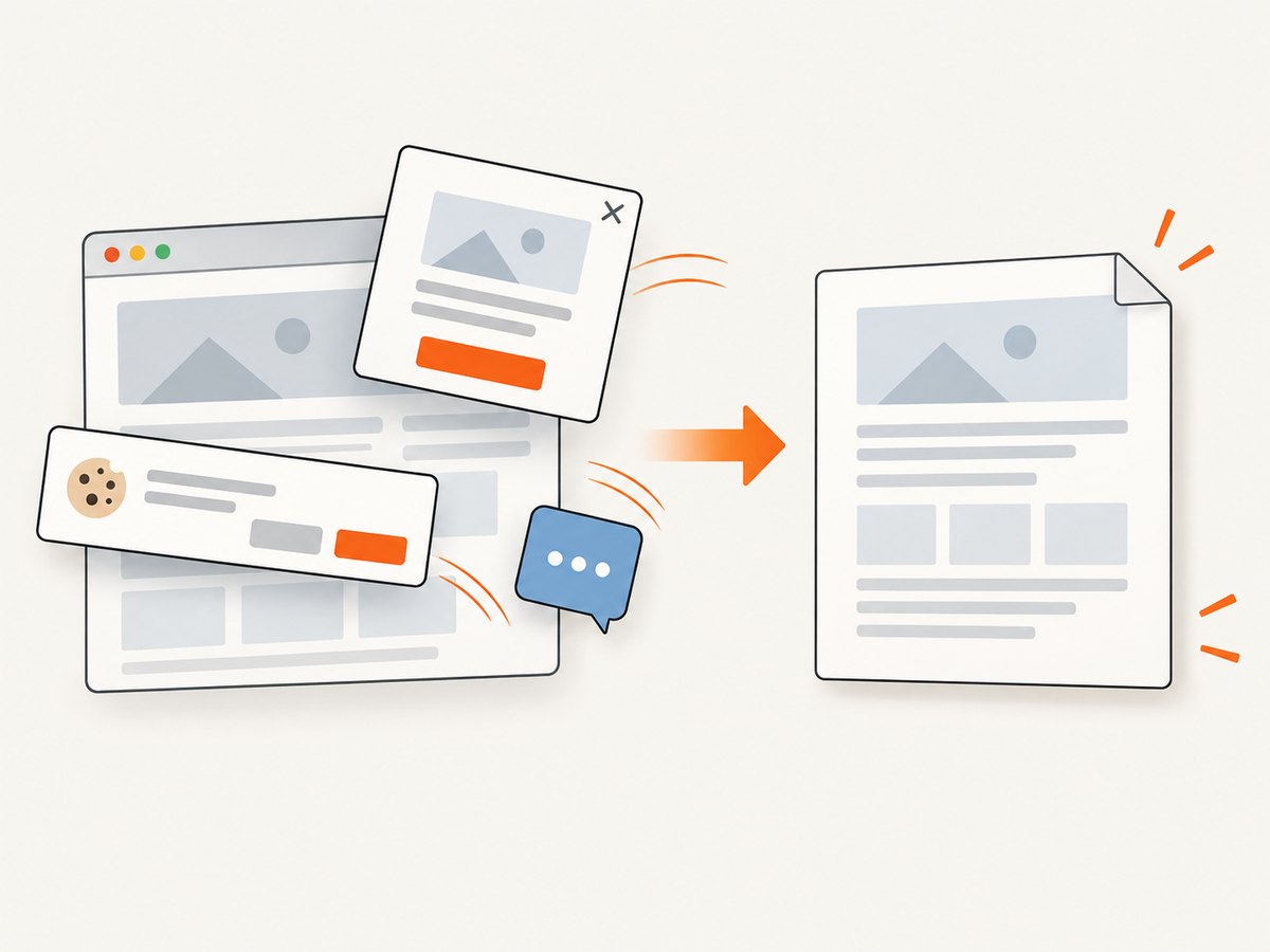 A capture service can clear common overlays before rendering the page image.
