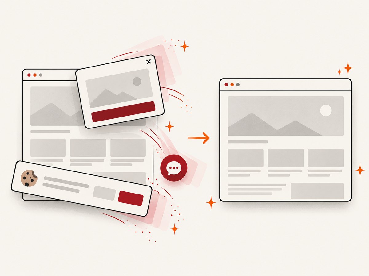 A capture pipeline can remove consent banners and other overlays before producing the final image.