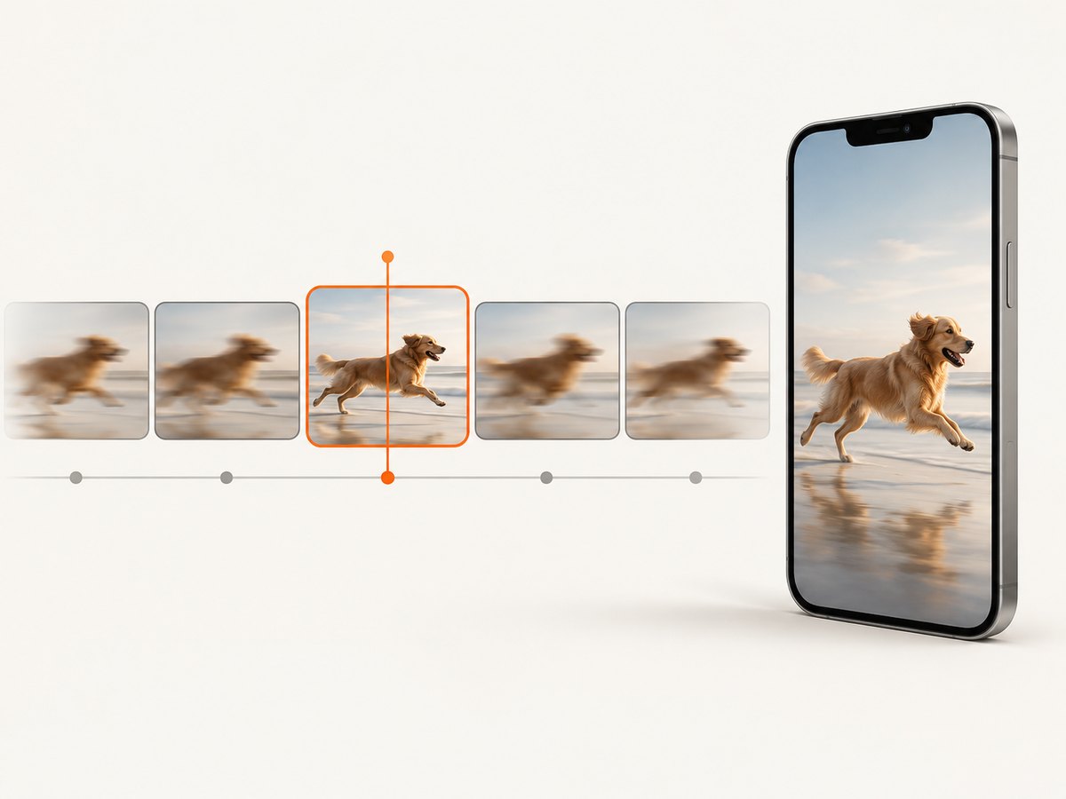 Scrubbing neighboring frames helps you choose the moment with the least motion blur.