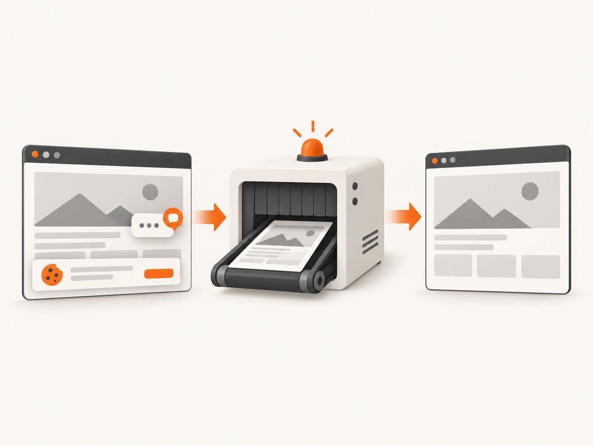 A capture service can remove consent banners and overlays before returning the image.