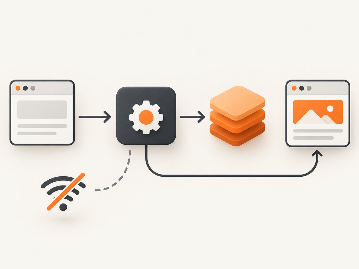 A service worker intercepts requests and serves resources saved in Cache Storage.