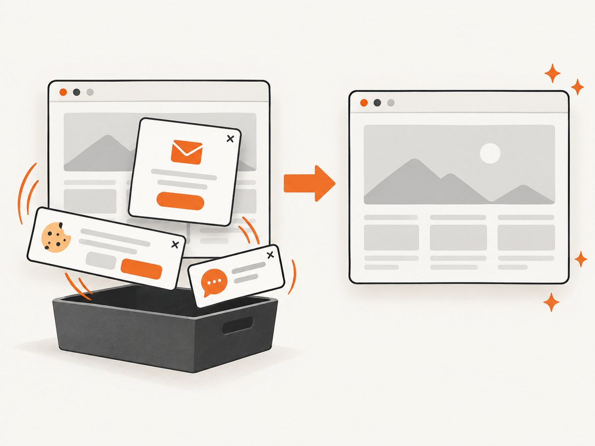 A clean capture can remove consent banners, popups, and chat widgets before rendering.