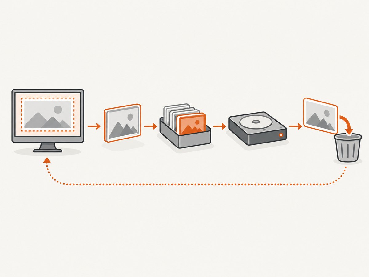 A bounded capture, write, and release cycle keeps retained images under control.