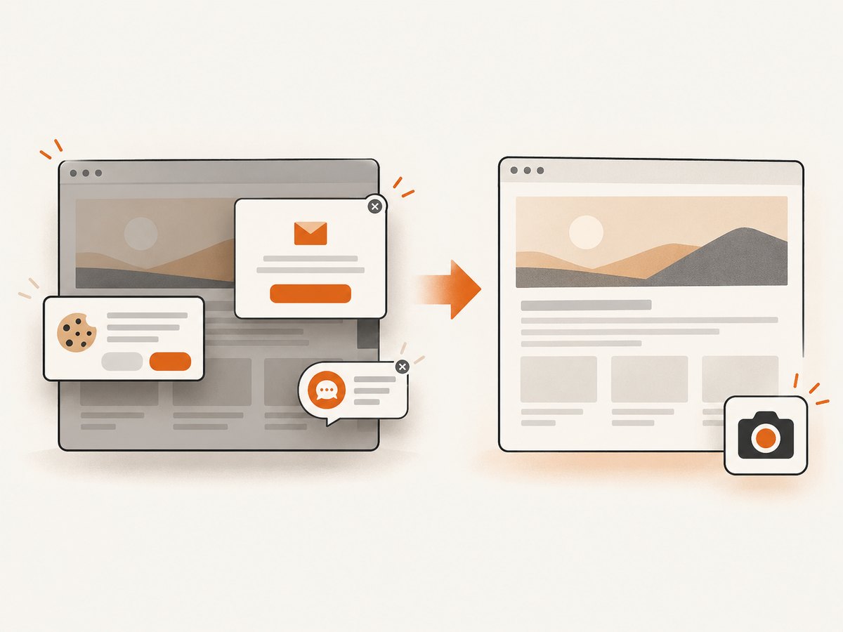 ScreenshotNeo can remove known consent banners, newsletter popups, and chat widgets before capturing a page.