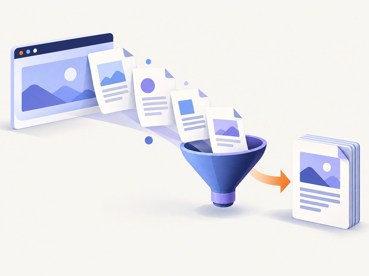 Puppeteer renders the source PDFs; pdf-lib copies their pages into one destination document.
