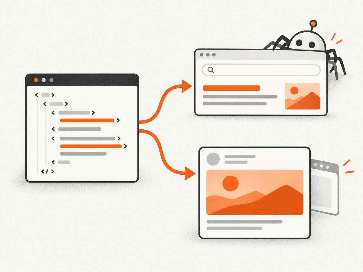 A metadata checker reads the head, while each receiving platform decides how to render it.