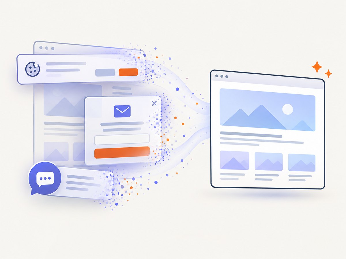 Consent overlays and distracting widgets can be removed before capture.