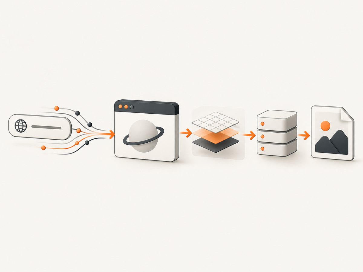 A screenshot API turns a URL into a rendered image through browser, waiting and cache stages.