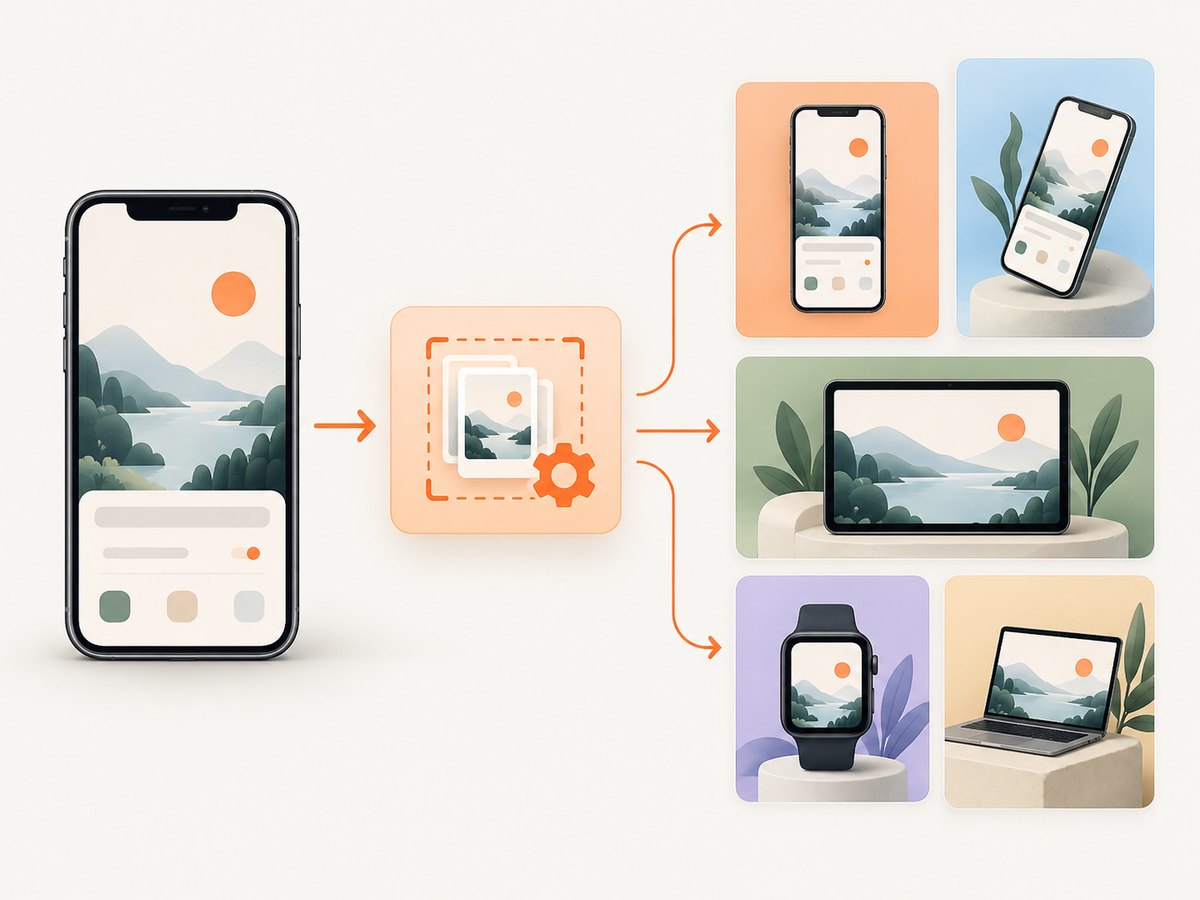 A generator turns one real app screen into repeatable, platform-specific compositions.