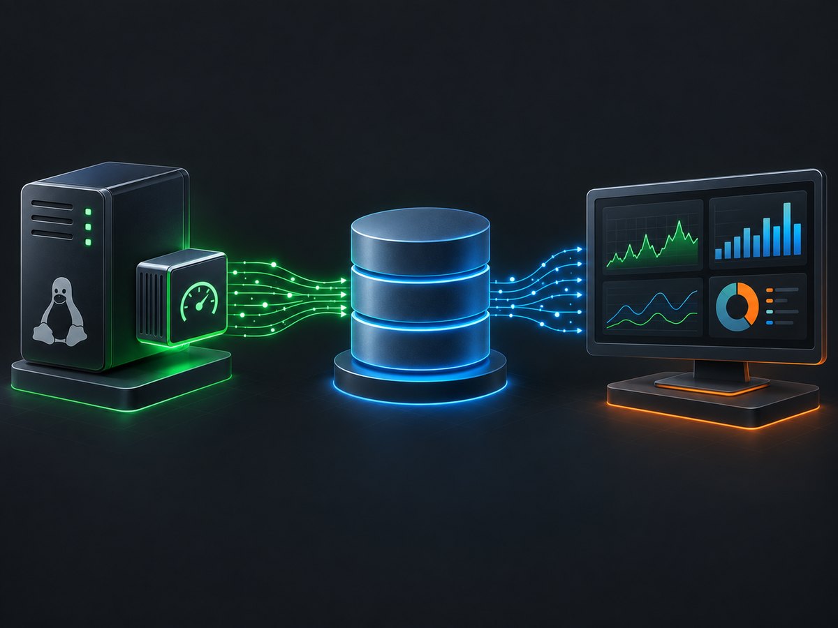 Node Exporter exposes host metrics, Prometheus stores them, and Grafana visualizes the result.