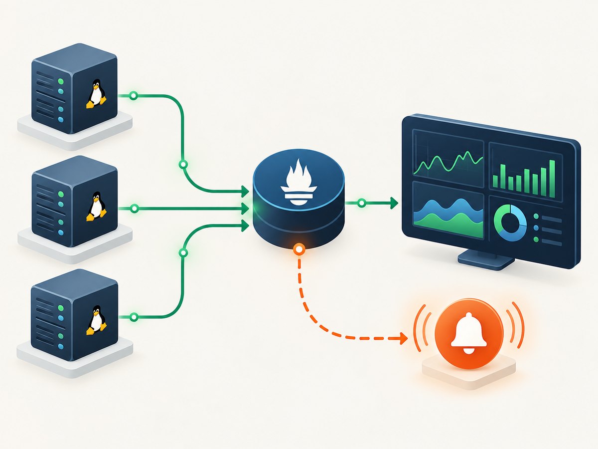 A central Prometheus can scrape multiple exporters while Grafana queries the shared time-series data.