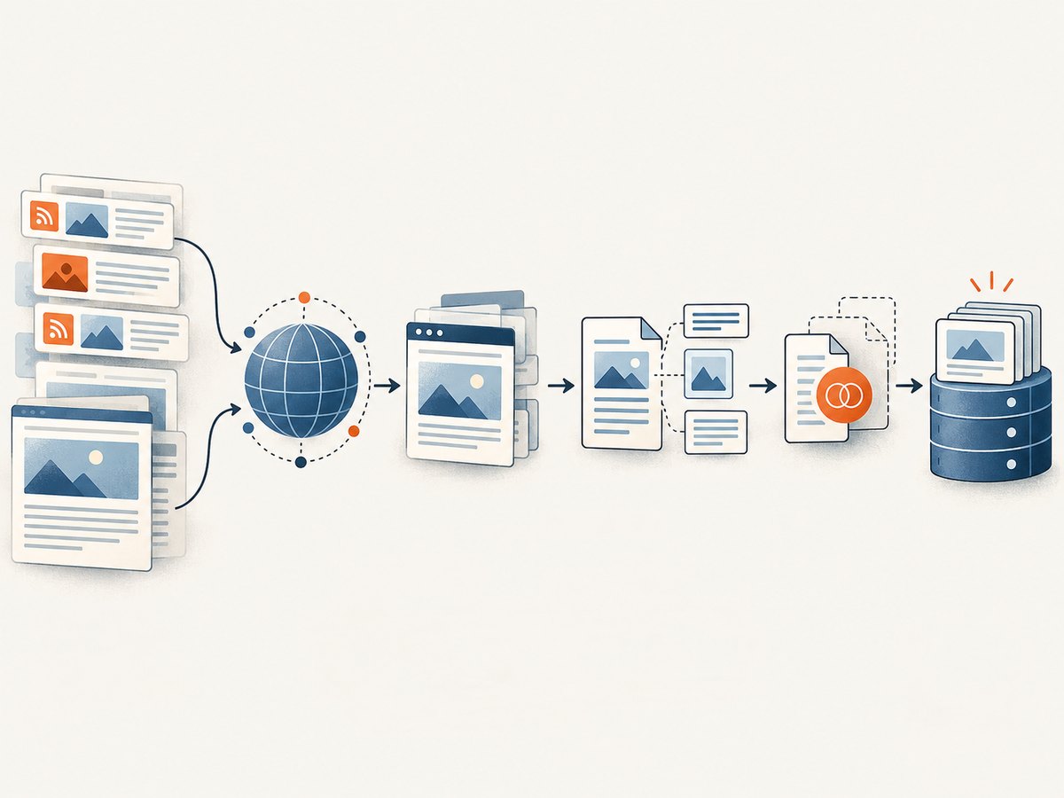 A news scraper separates discovery, fetching, extraction, normalization, and storage so each stage can be monitored.