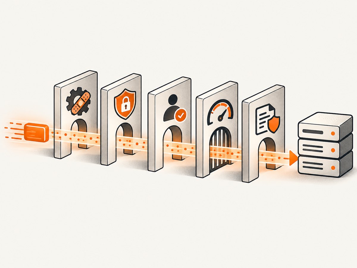 A hardened NGINX request path applies several controls before traffic reaches the application.