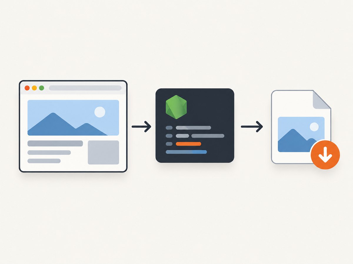 A Node.js script navigates a browser page and saves the rendered result as an image.